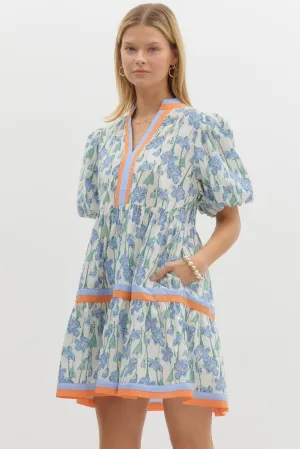 Blue And Orange Floral Print Bubble Sleeve Dress