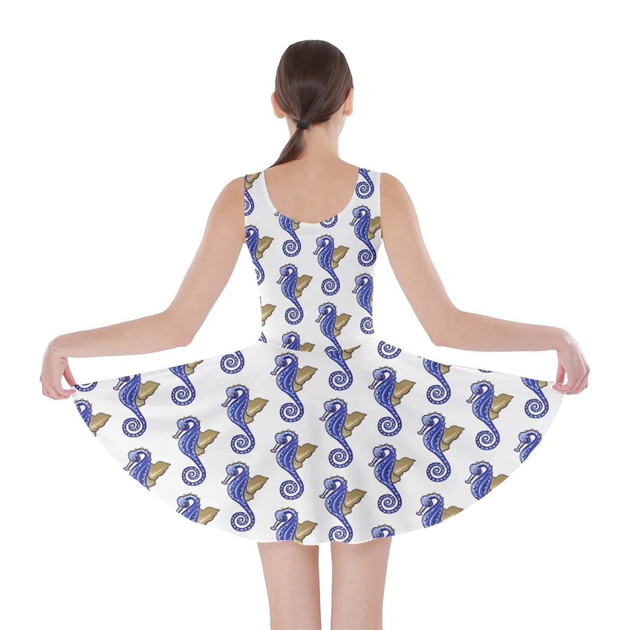 Blue White Seahorse Skater Dress