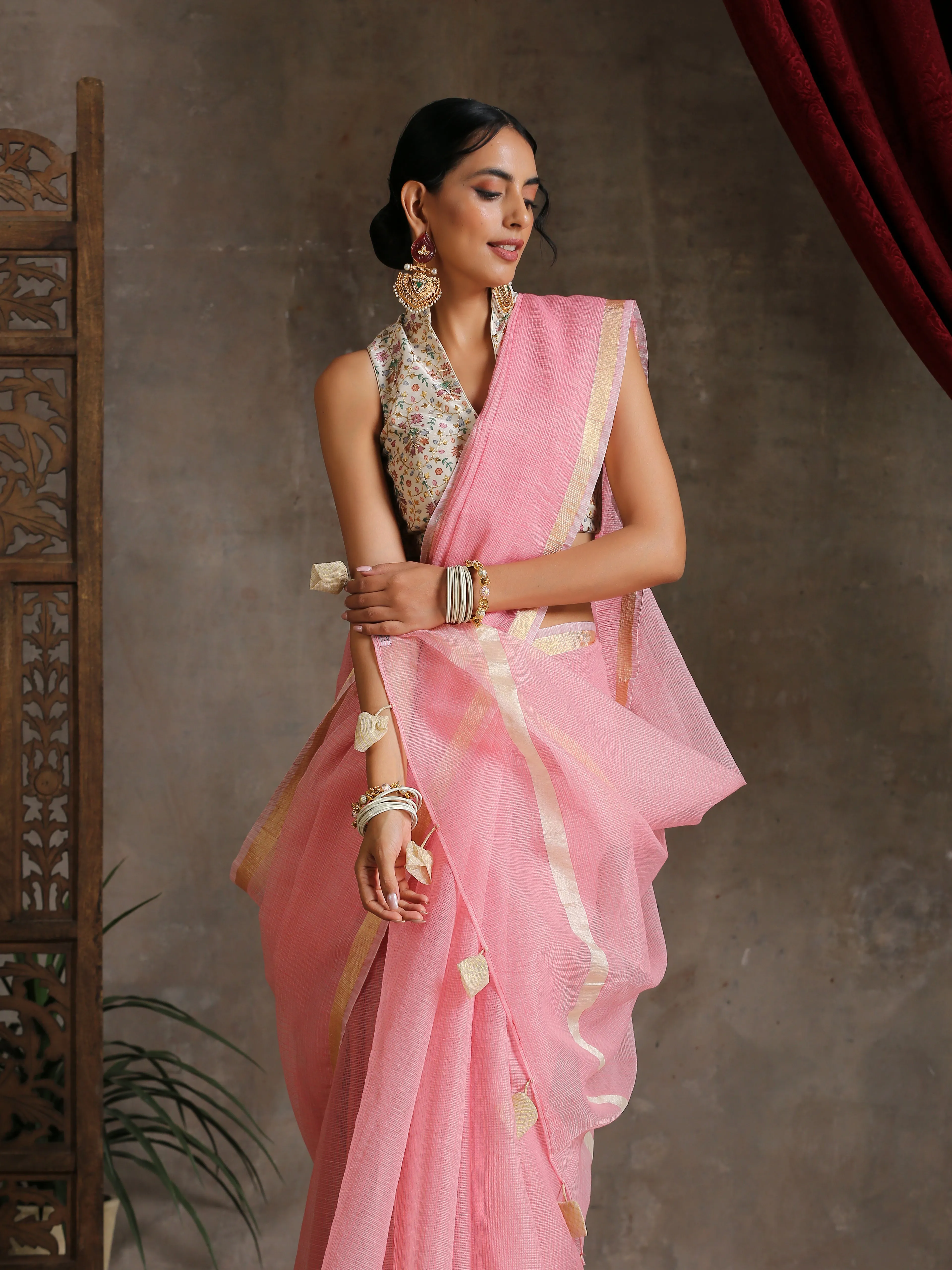 Blush Pink Kota Doria Saree with Border & Tassles