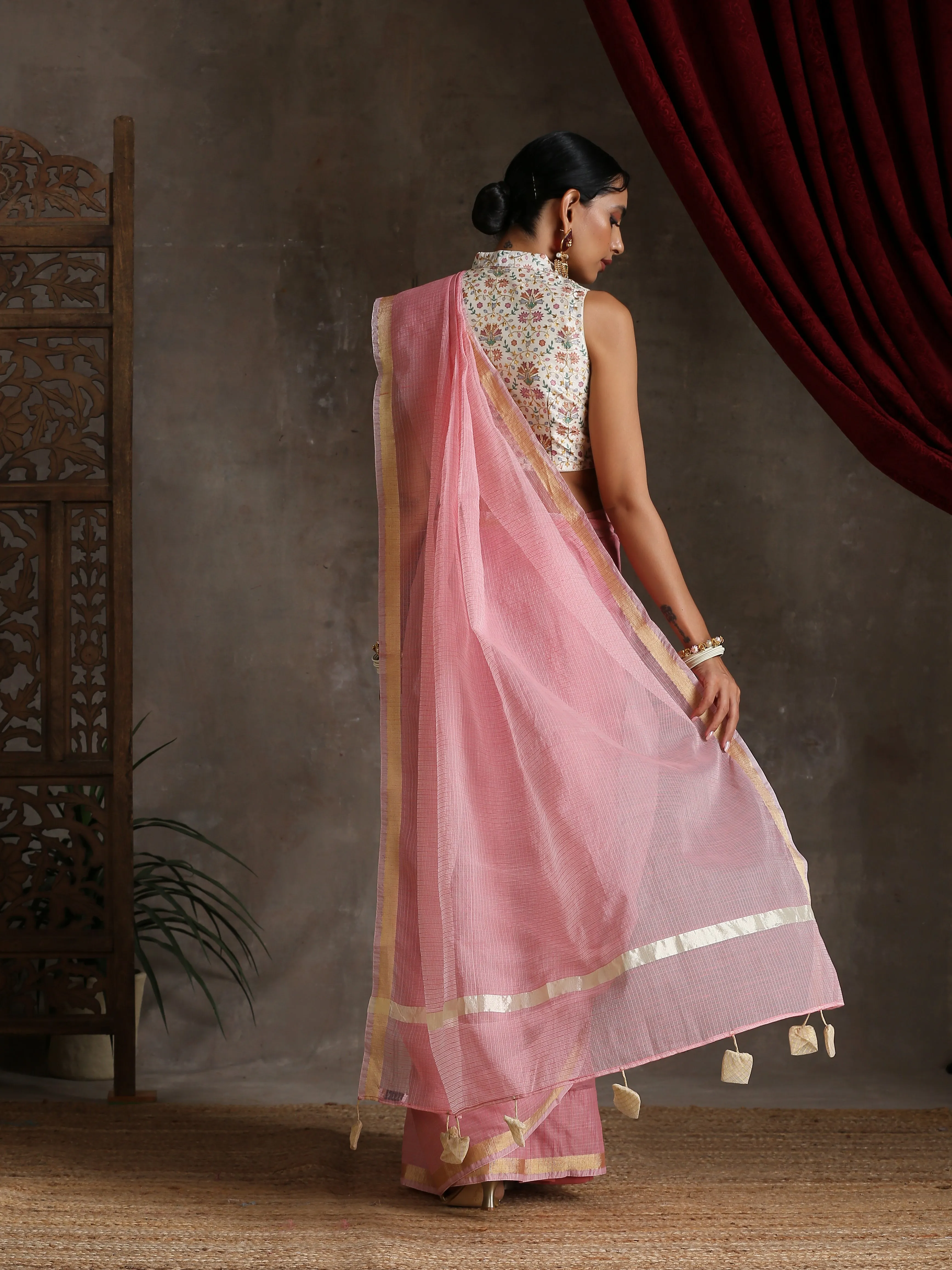 Blush Pink Kota Doria Saree with Border & Tassles