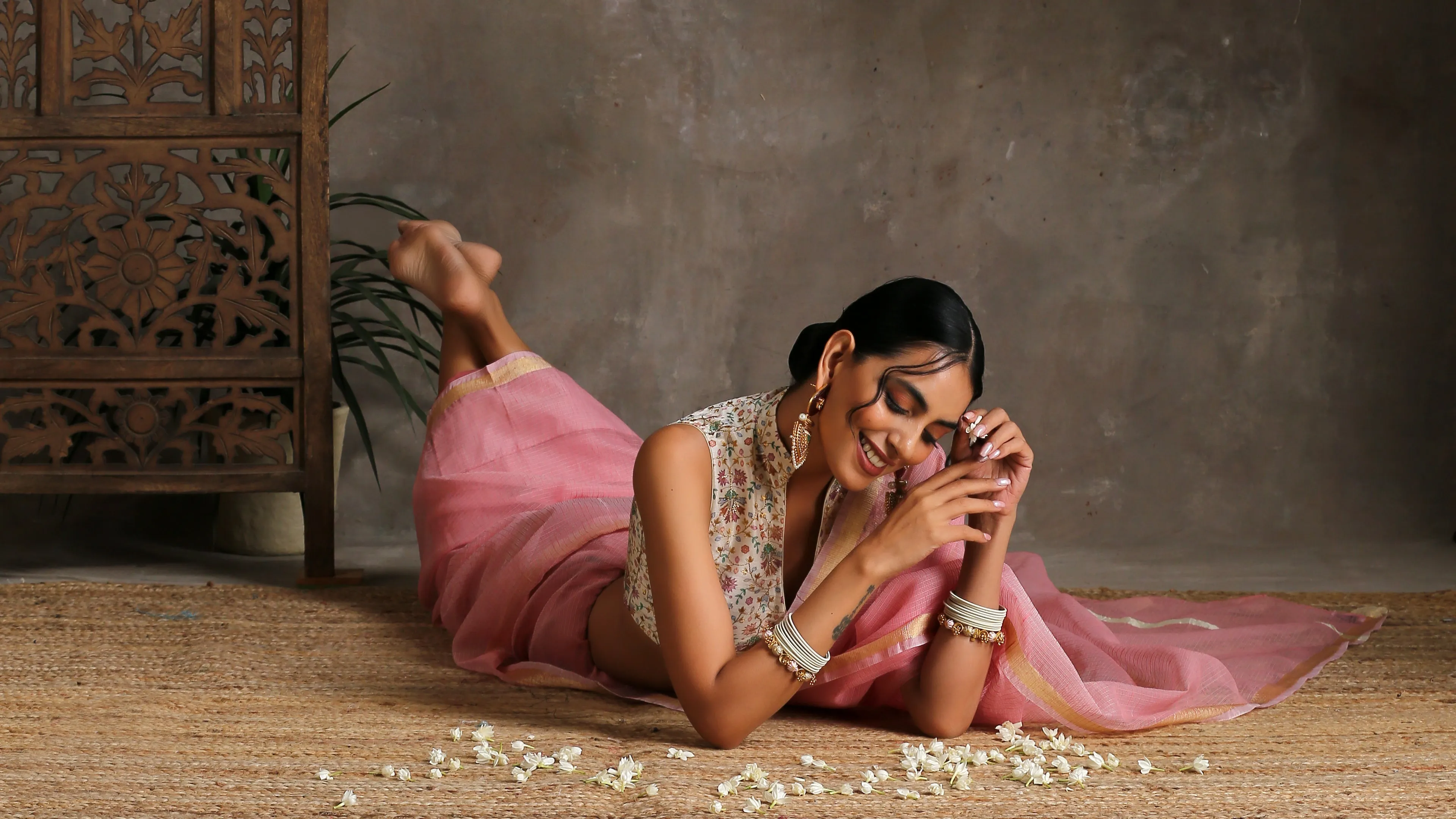 Blush Pink Kota Doria Saree with Border & Tassles