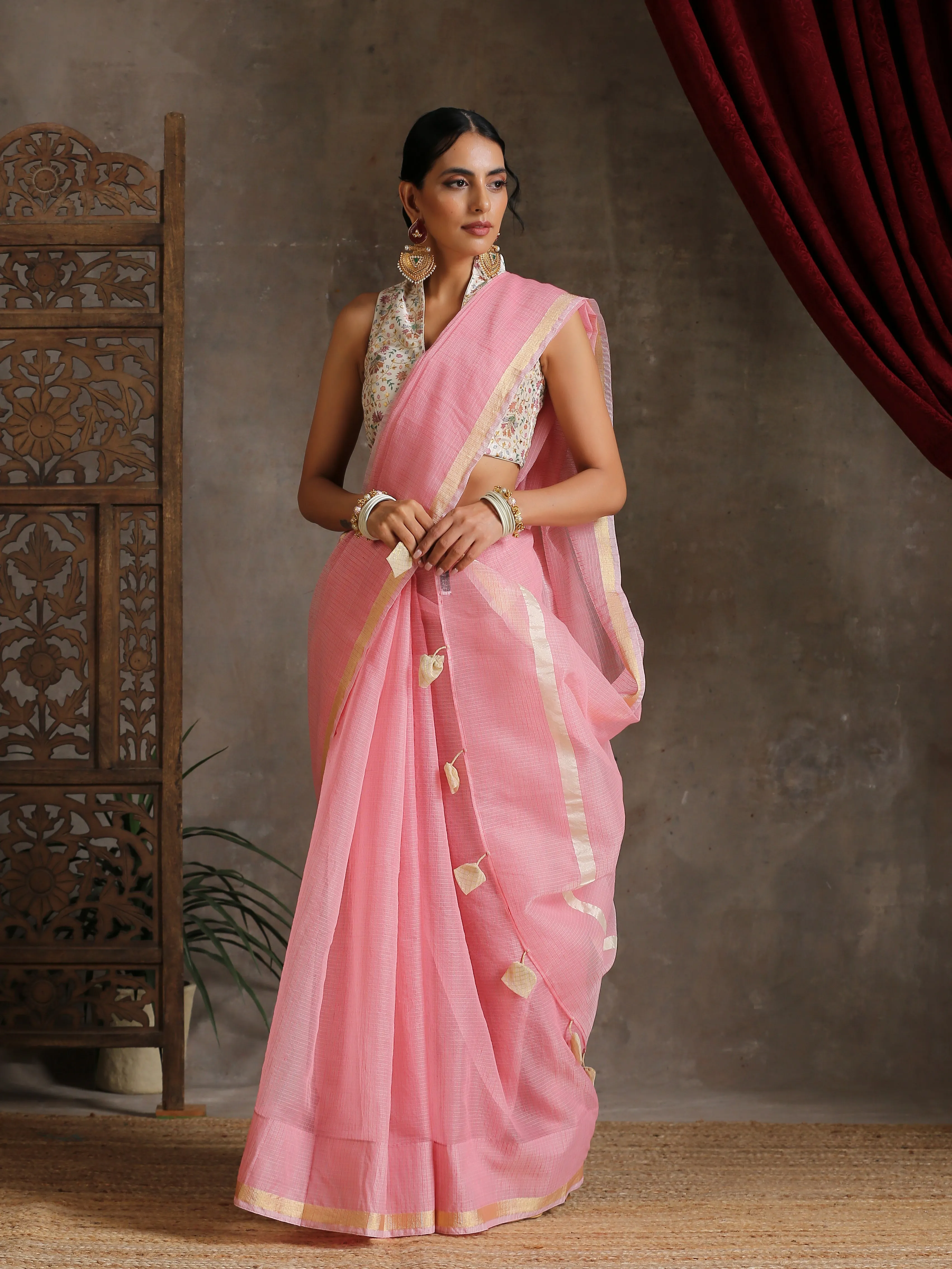 Blush Pink Kota Doria Saree with Border & Tassles