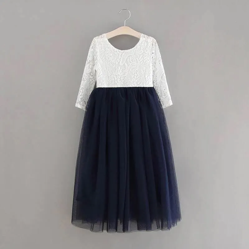 Bohemian Classic Long Sleeve Dress - Navy Blue