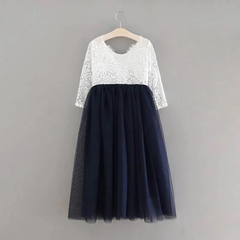 Bohemian Classic Long Sleeve Dress - Navy Blue