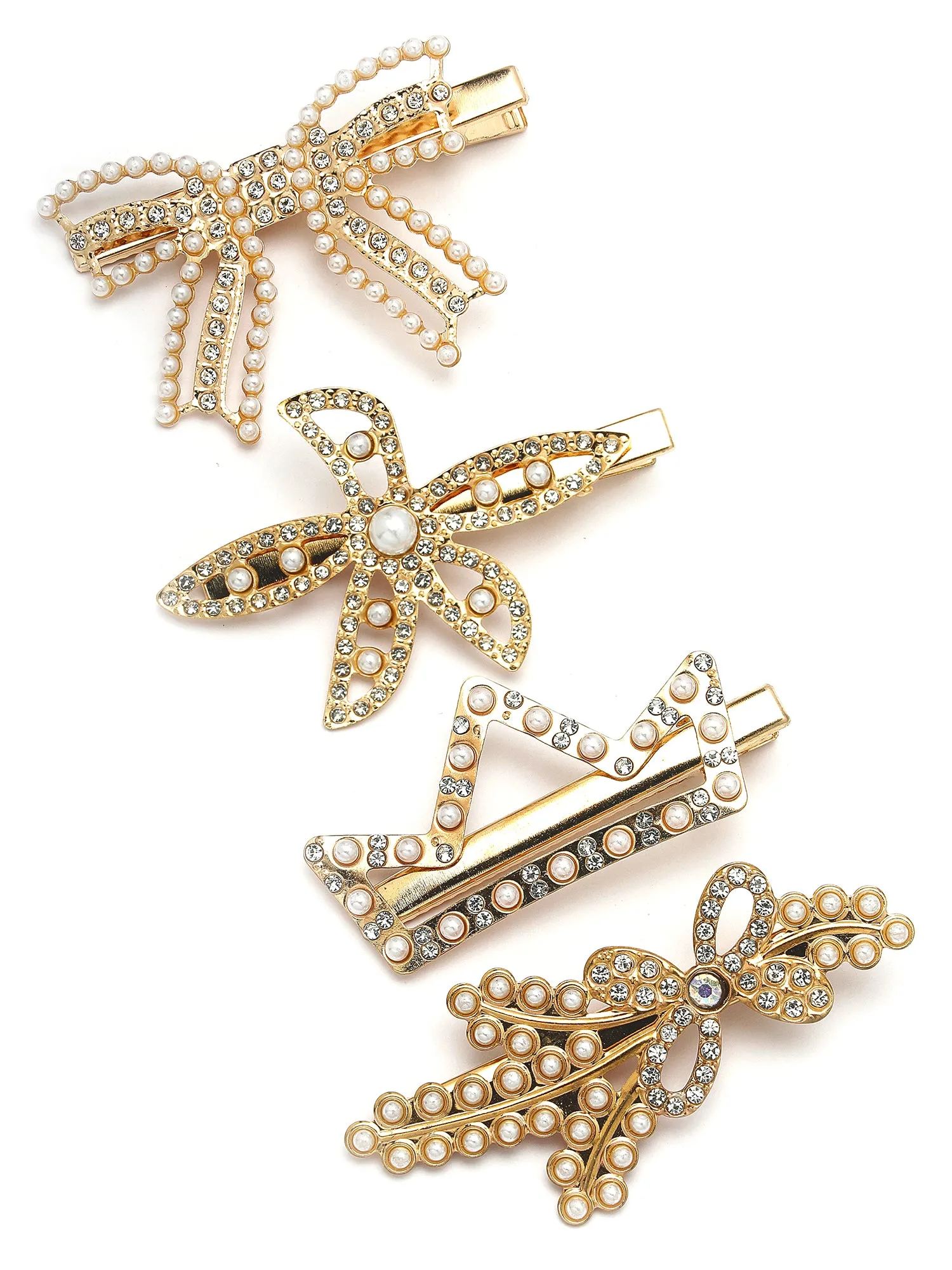 Bohey by KARATCART Set of 4 Gold Plated Embellished Alligator Hair Clips for Women