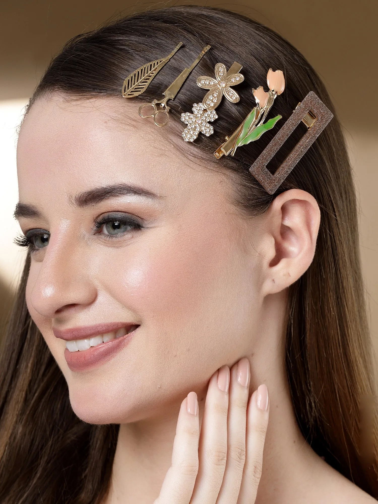 Bohey by KARATCART Set of 6 Gold Plated Embellished Alligator Hair Clips for Women