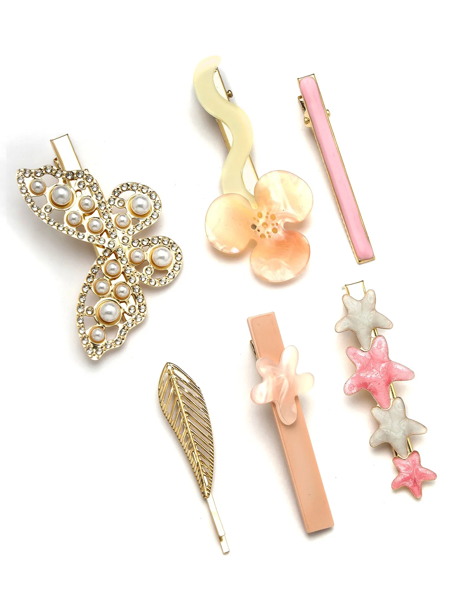 Bohey by KARATCART Set of 6 Gold Plated Embellished Alligator Hair Clips for Women