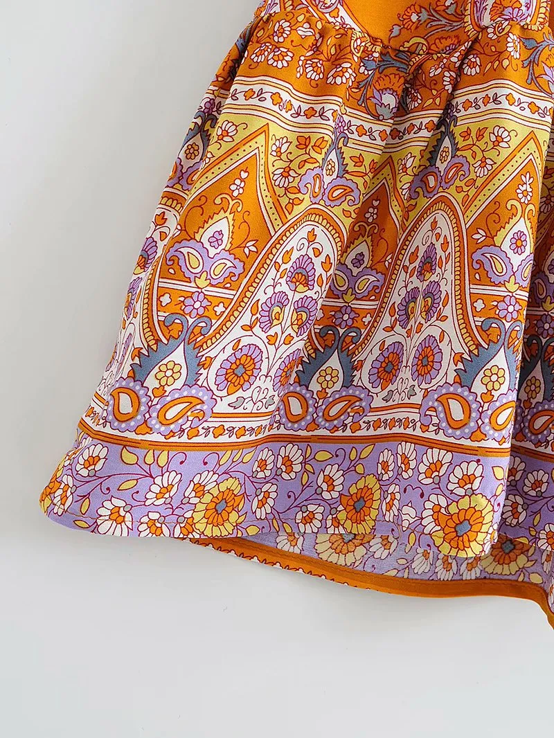 Boho V-neck Floral Flared Sleeve Lace-up Mini Dresses