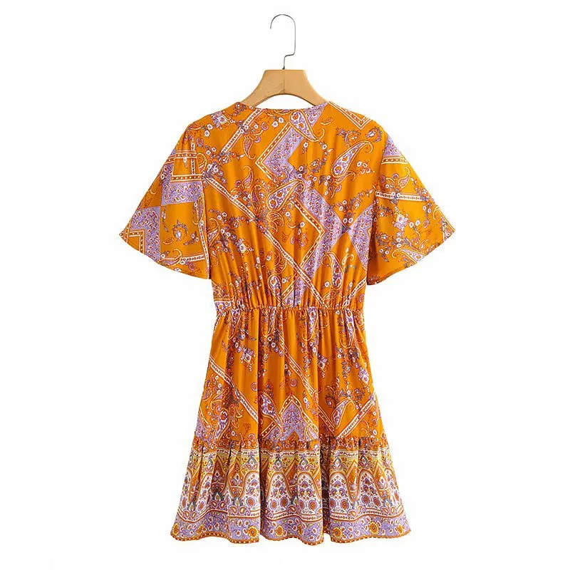 Boho V-neck Floral Flared Sleeve Lace-up Mini Dresses