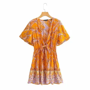 Boho V-neck Floral Flared Sleeve Lace-up Mini Dresses