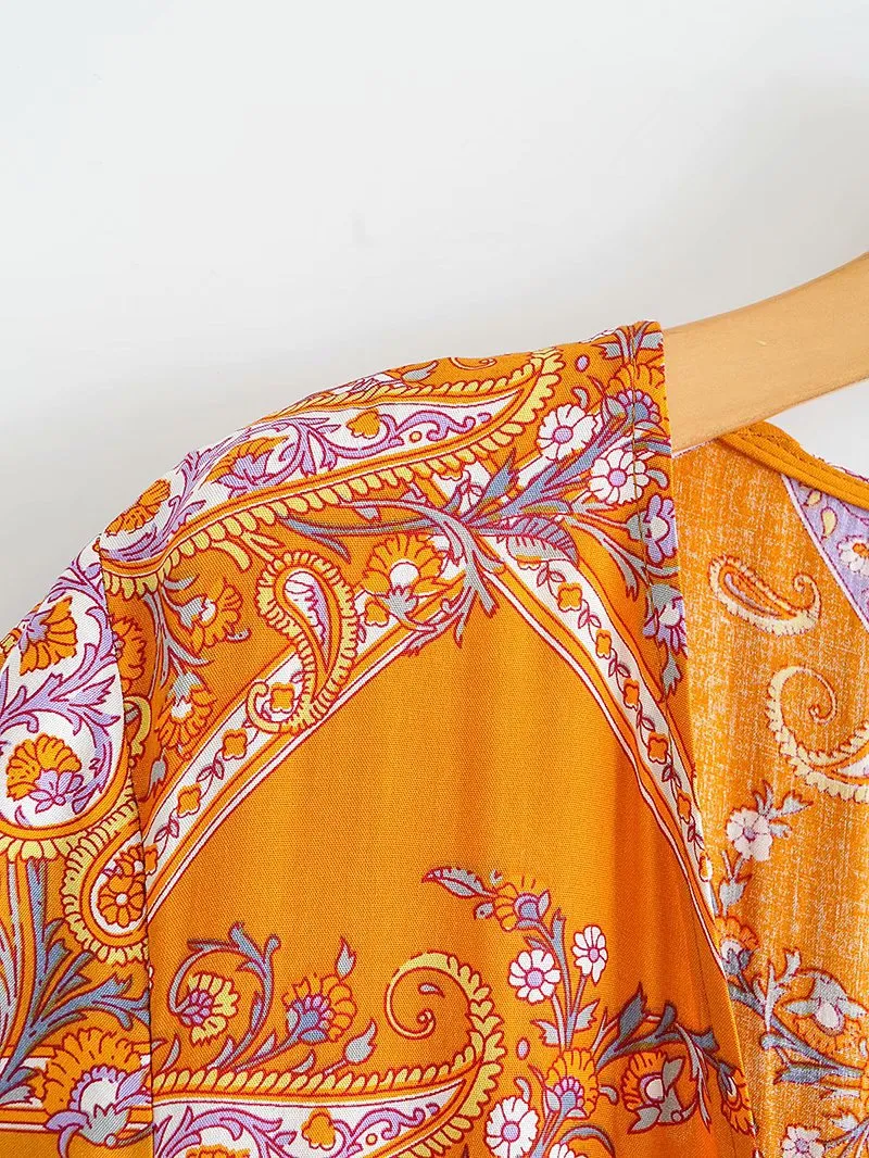Boho V-neck Floral Flared Sleeve Lace-up Mini Dresses