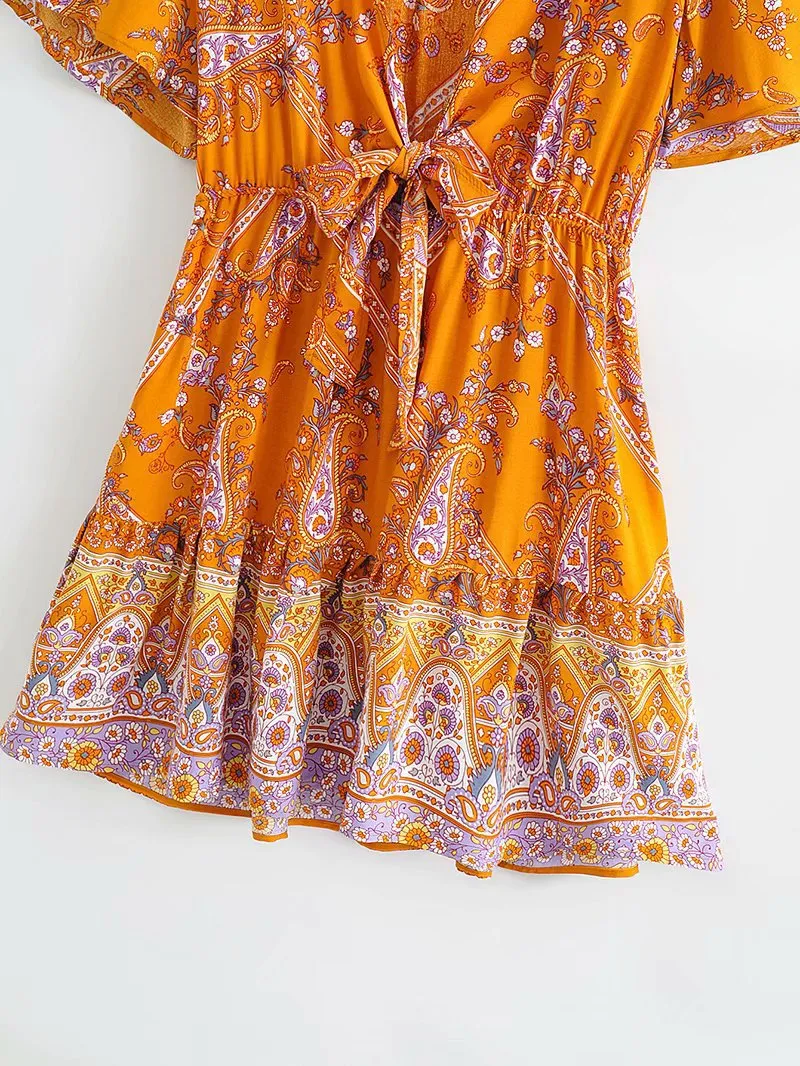Boho V-neck Floral Flared Sleeve Lace-up Mini Dresses