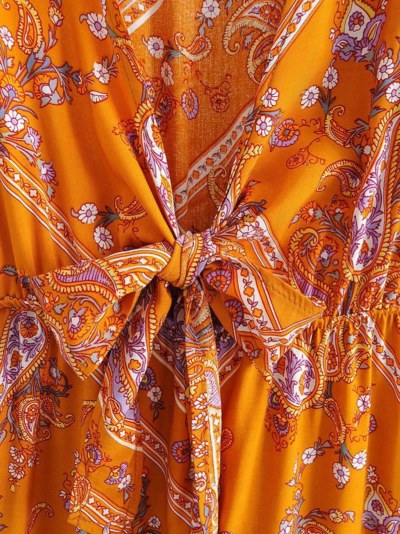 Boho V-neck Floral Flared Sleeve Lace-up Mini Dresses