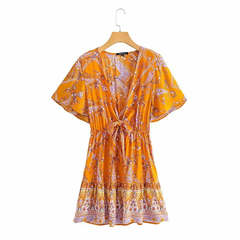 Boho V-neck Floral Flared Sleeve Lace-up Mini Dresses
