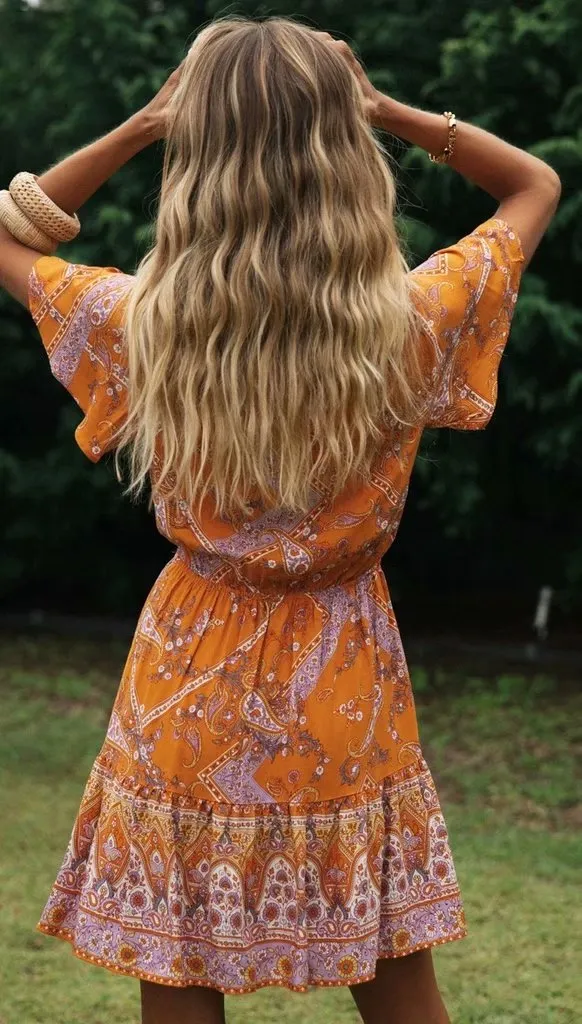 Boho V-neck Floral Flared Sleeve Lace-up Mini Dresses