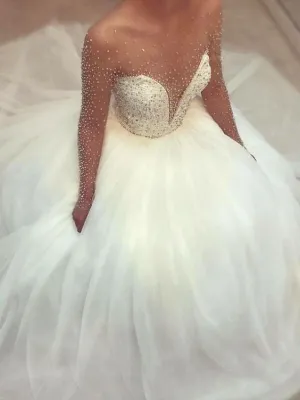 boho wedding dress ball gown long sleeve 2021 beaded crystals elegant tulle cheap wedding gowns