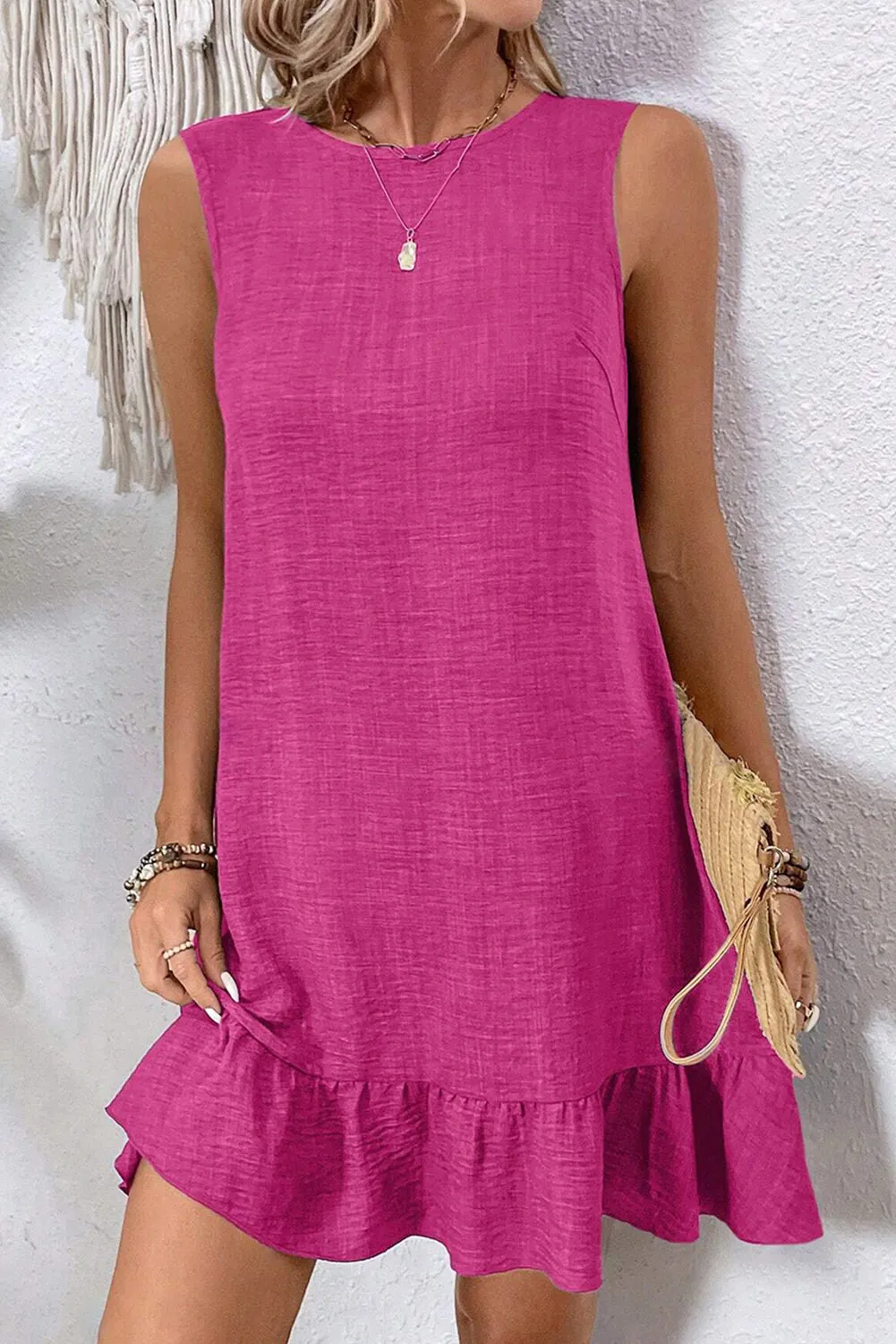 Bright Pink Knot Scoop Back Ruffle Hem Sleeveless Mini Dress