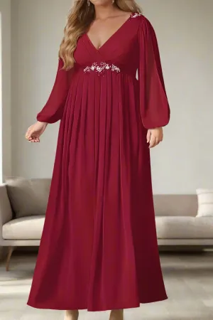 Burgundy Chiffon V-Neck Long Sleeves Mother Of The Bride Dresses