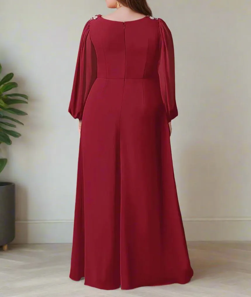 Burgundy Chiffon V-Neck Long Sleeves Mother Of The Bride Dresses