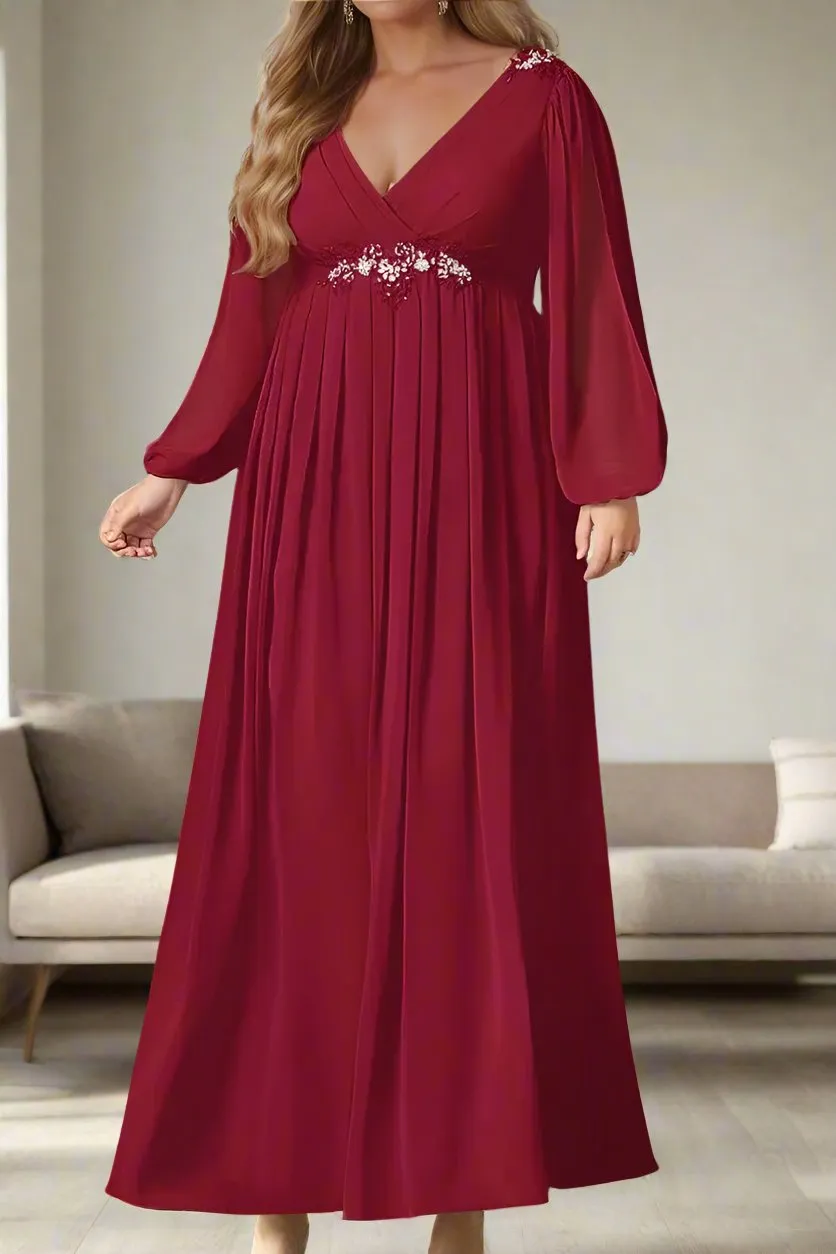 Burgundy Chiffon V-Neck Long Sleeves Mother Of The Bride Dresses