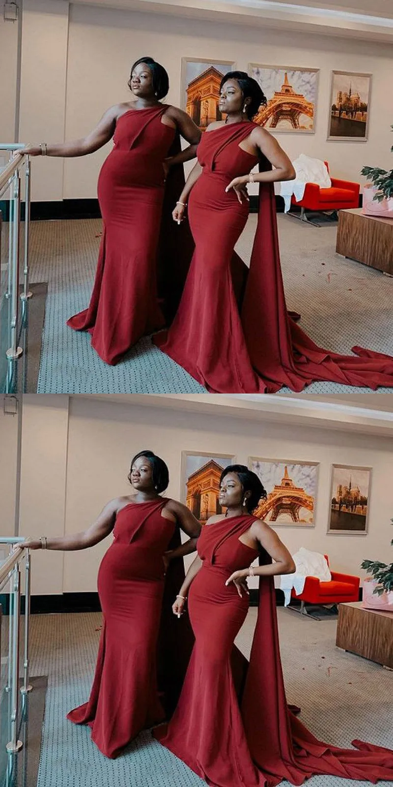 Burgundy Mermaid One Shoulder Cheap Long Bridesmaid Dresses,WG1261