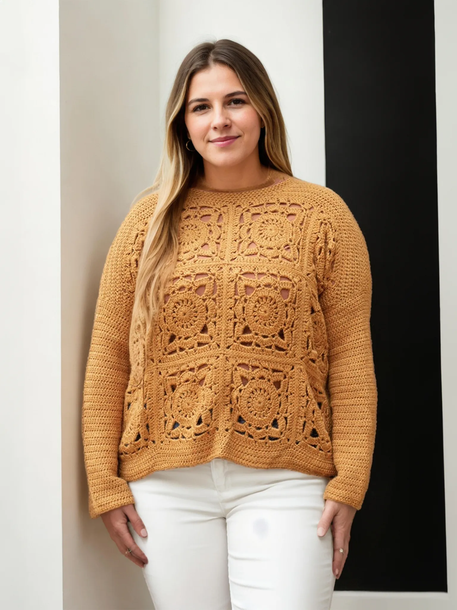 Caramel Square Patchwork Sweater