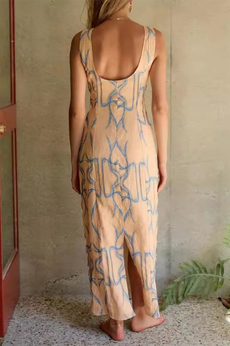 Casual Geometric Solid Metal Accessories Decoration Backless O Neck One Step Skirt Dresses