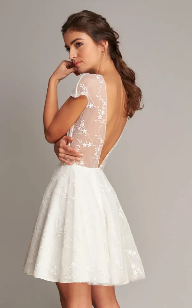 Casual Jewel Satin Lace Short Sleeve A Line Short Length V Back Wedding Dress-715917