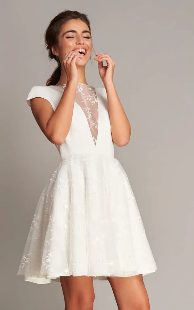 Casual Jewel Satin Lace Short Sleeve A Line Short Length V Back Wedding Dress-715917