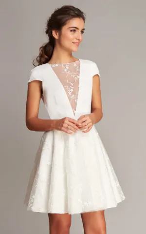 Casual Jewel Satin Lace Short Sleeve A Line Short Length V Back Wedding Dress-715917