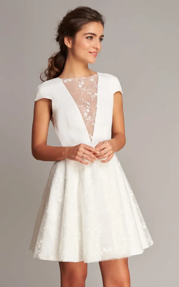 Casual Jewel Satin Lace Short Sleeve A Line Short Length V Back Wedding Dress-715917