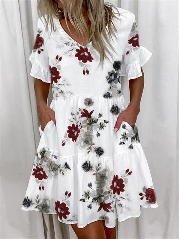 Casual Printed Short Sleeve Dresses With Pockets