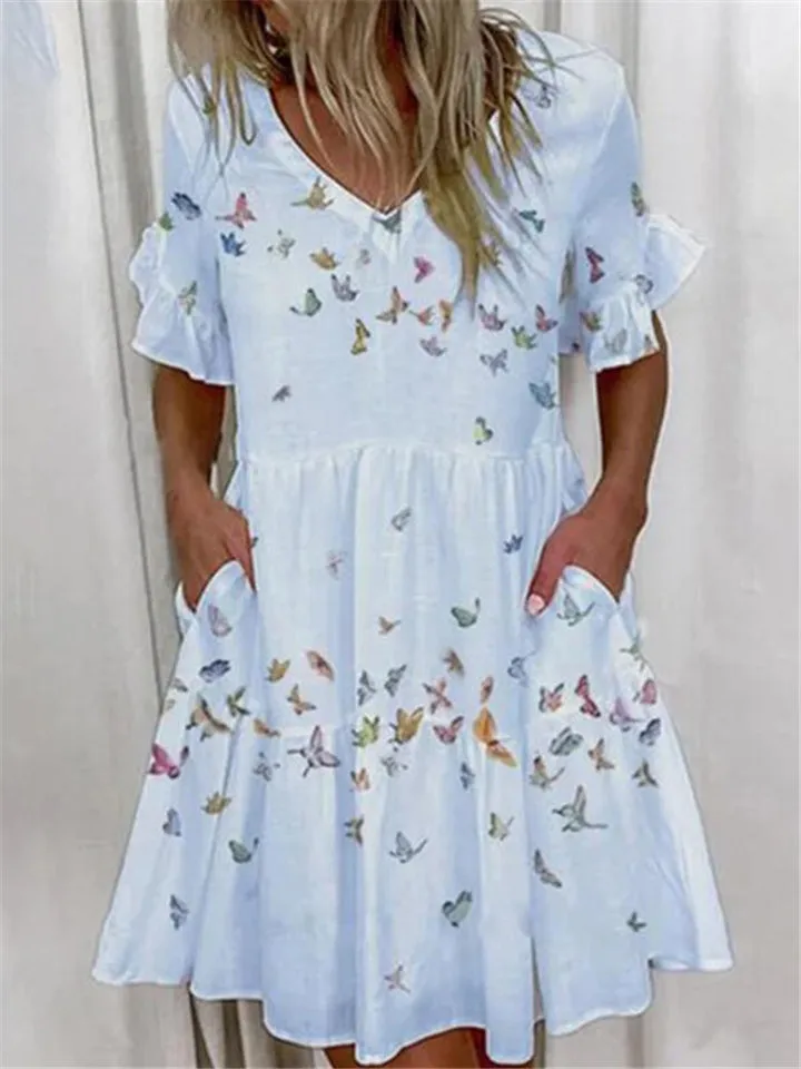 Casual Printed Short Sleeve Dresses With Pockets