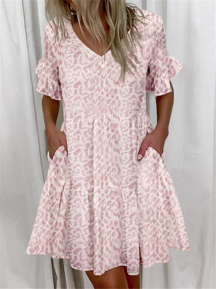 Casual Printed Short Sleeve Dresses With Pockets