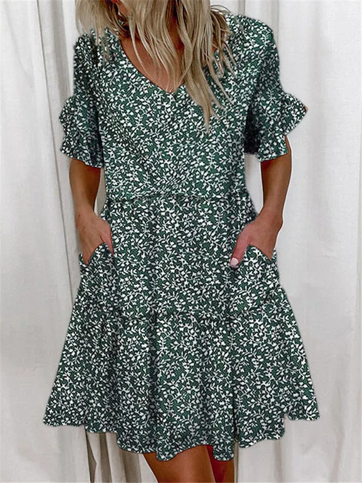 Casual Printed Short Sleeve Dresses With Pockets