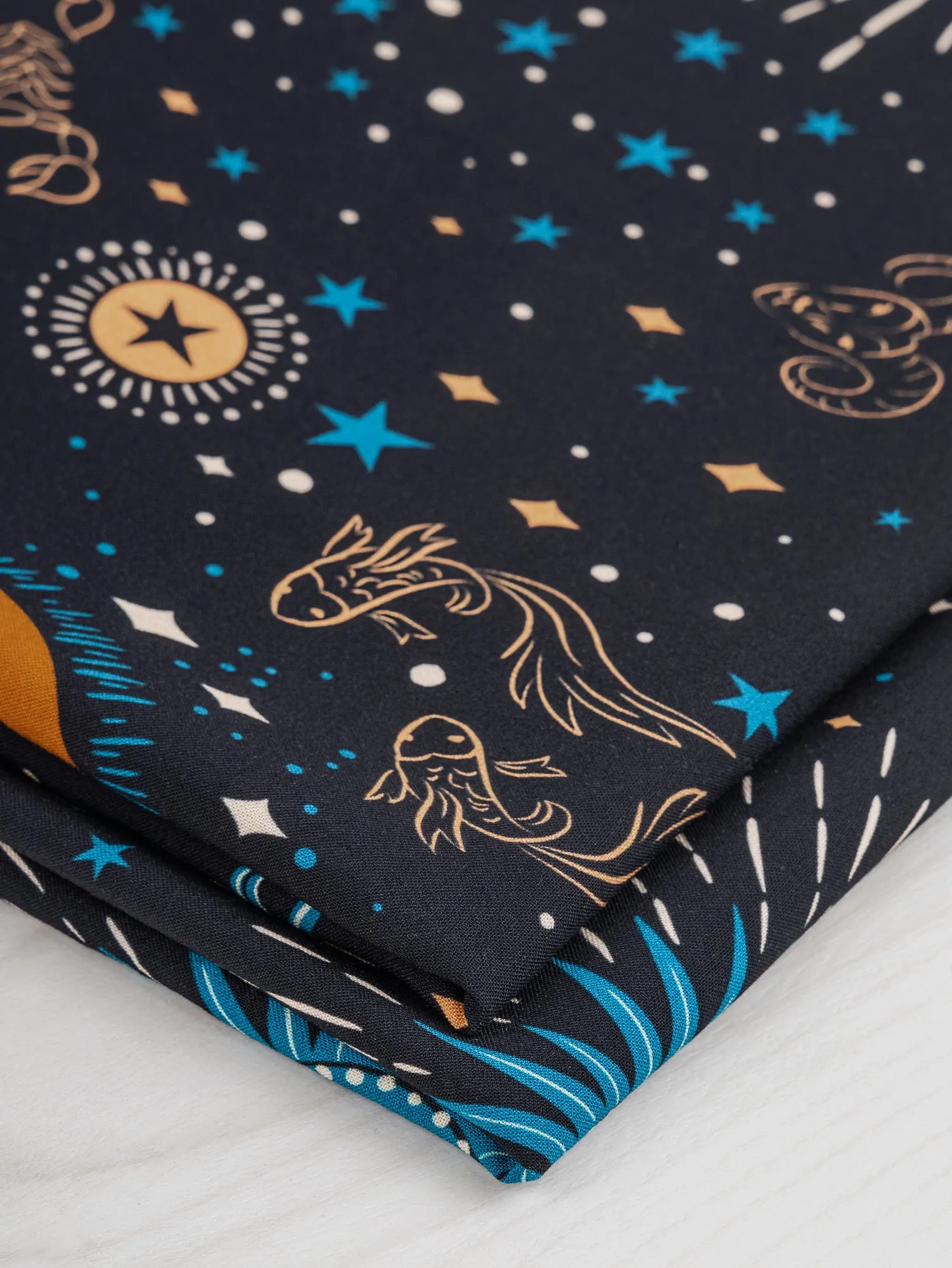 Celestial Zodiac Print Ecovero Viscose - Black   Blue   Cream   Ochre  - Swatch