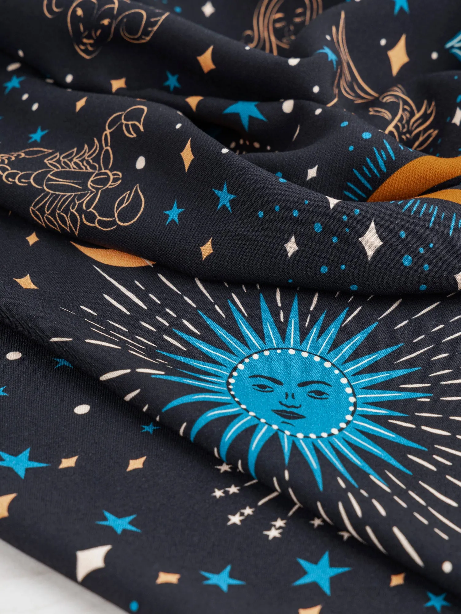 Celestial Zodiac Print Ecovero Viscose - Black   Blue   Cream   Ochre  - Swatch