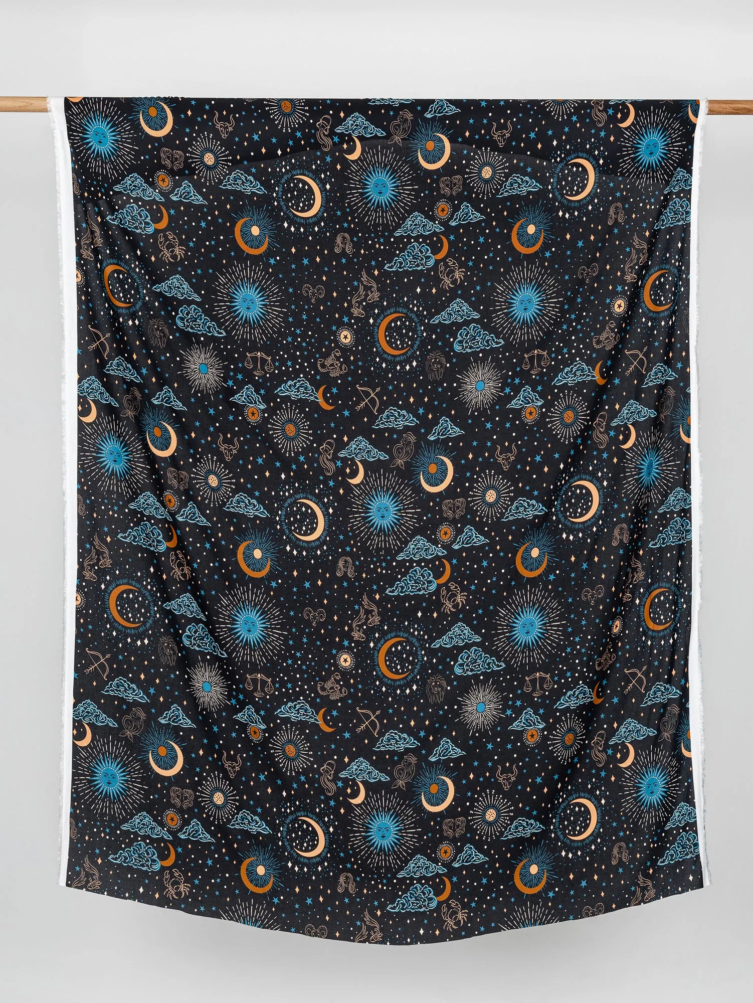 Celestial Zodiac Print Ecovero Viscose - Black   Blue   Cream   Ochre  - Swatch