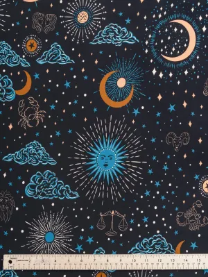 Celestial Zodiac Print Ecovero Viscose - Black   Blue   Cream   Ochre  - Swatch