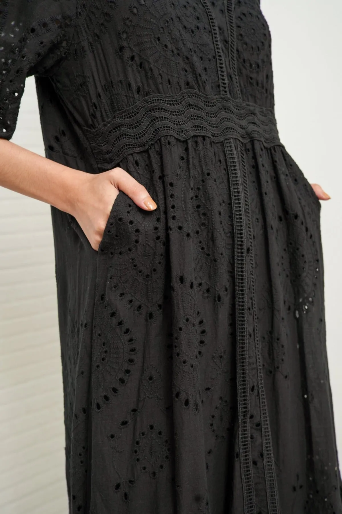 CERYS V-Neck Flutter-Sleeve Eyelet Dress (Black)