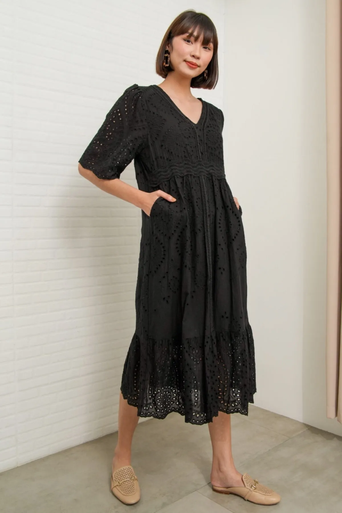 CERYS V-Neck Flutter-Sleeve Eyelet Dress (Black)