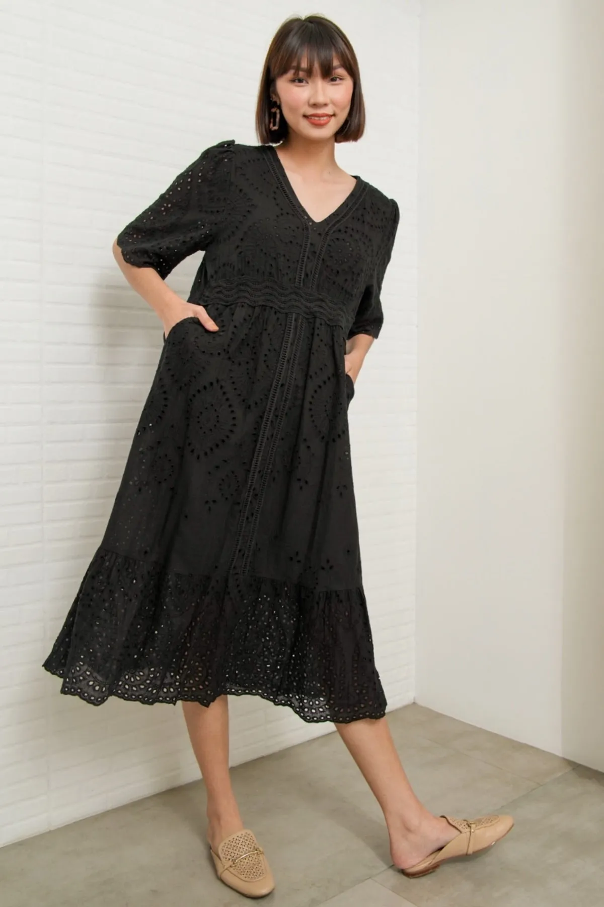 CERYS V-Neck Flutter-Sleeve Eyelet Dress (Black)