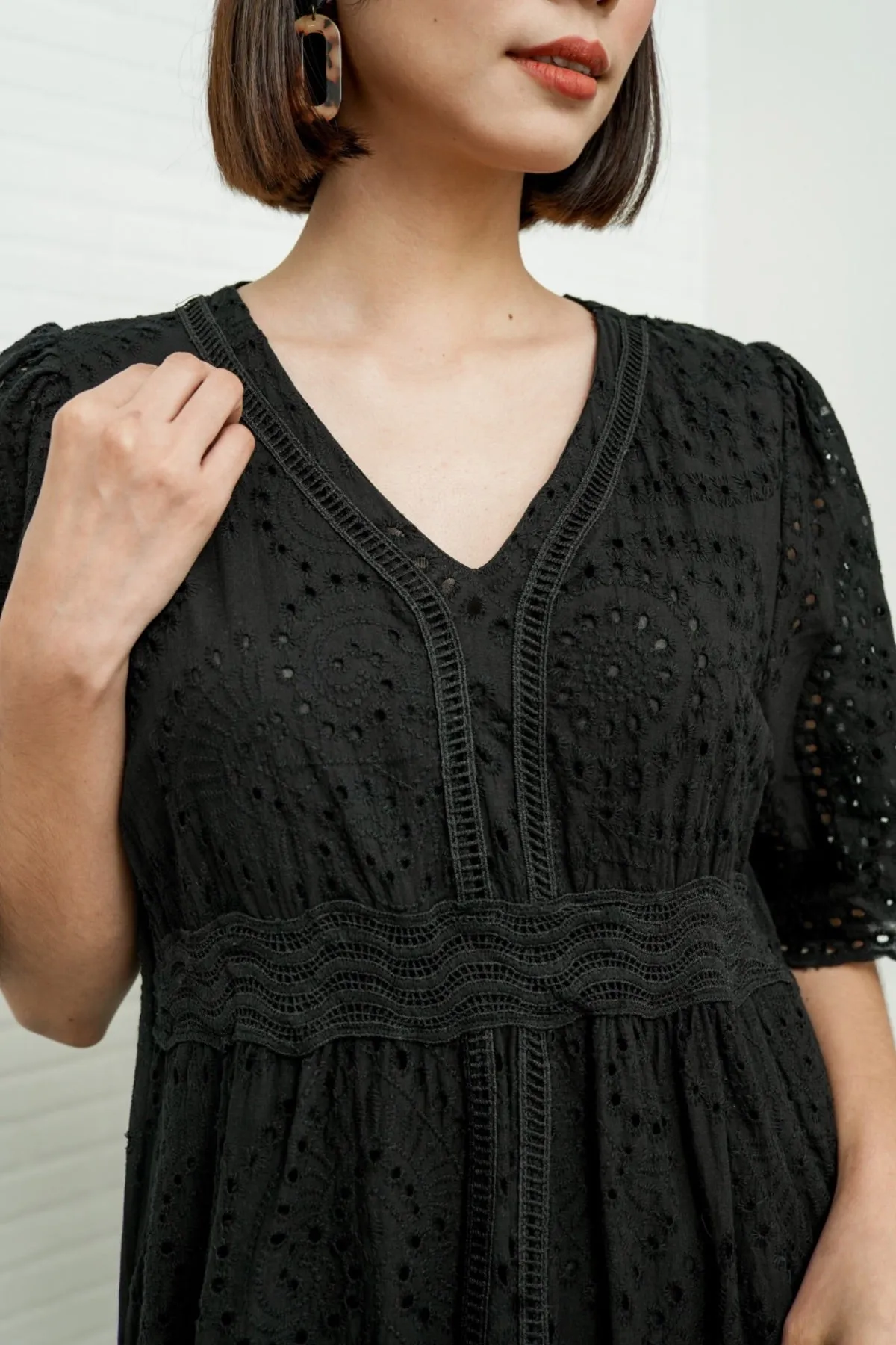 CERYS V-Neck Flutter-Sleeve Eyelet Dress (Black)