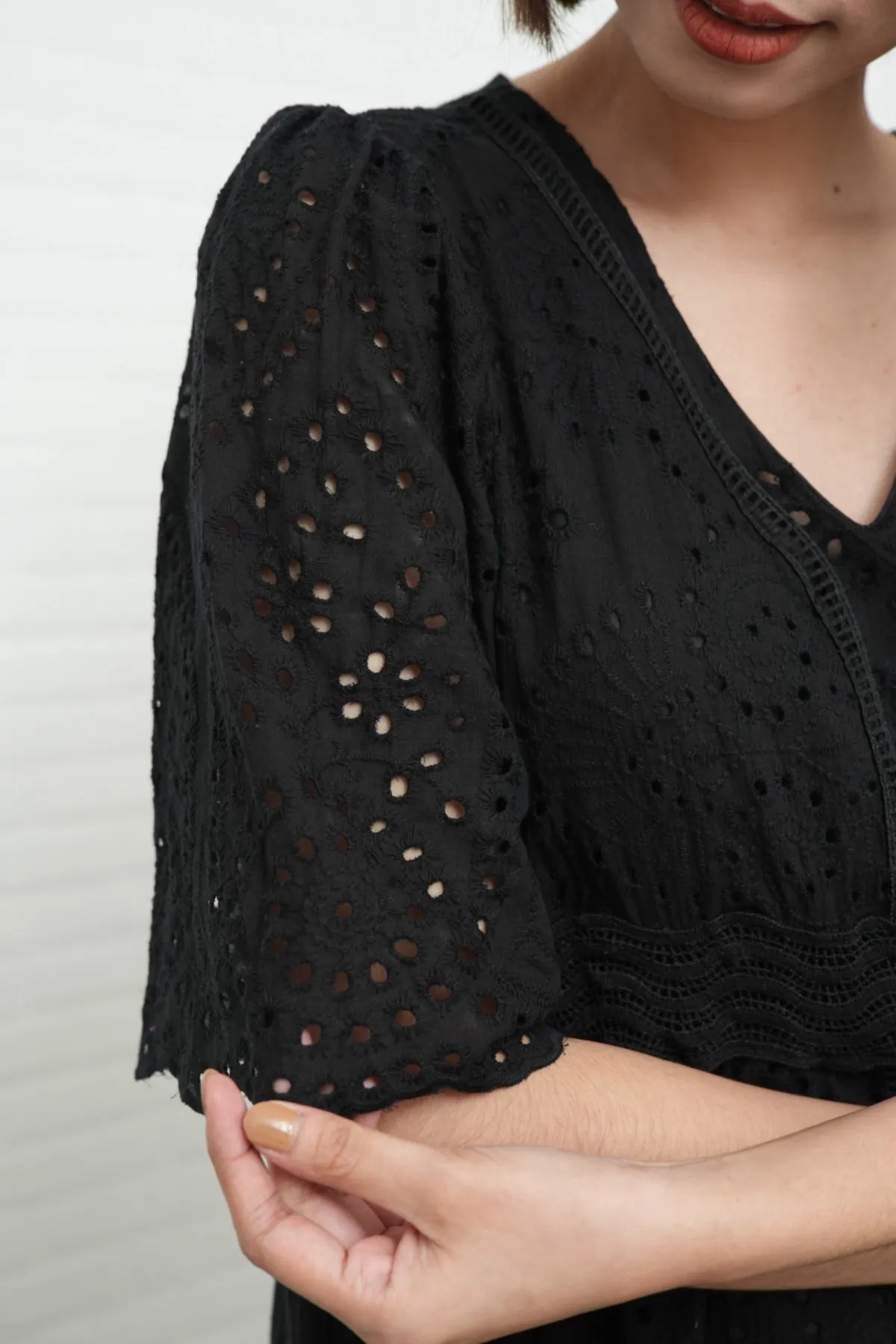 CERYS V-Neck Flutter-Sleeve Eyelet Dress (Black)