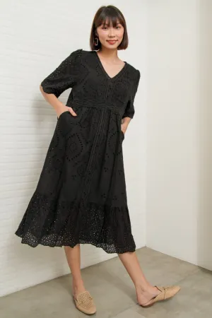CERYS V-Neck Flutter-Sleeve Eyelet Dress (Black)
