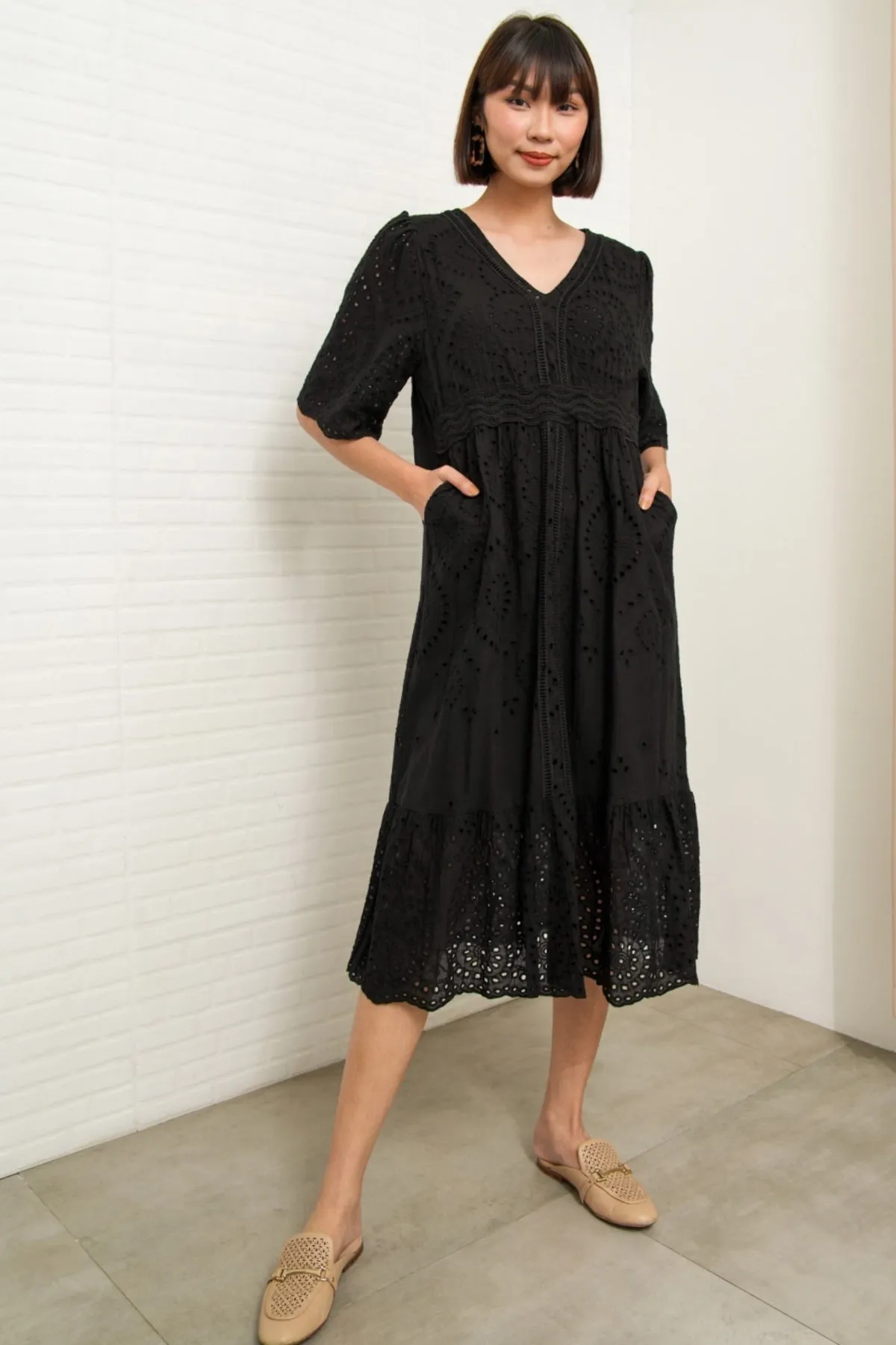 CERYS V-Neck Flutter-Sleeve Eyelet Dress (Black)