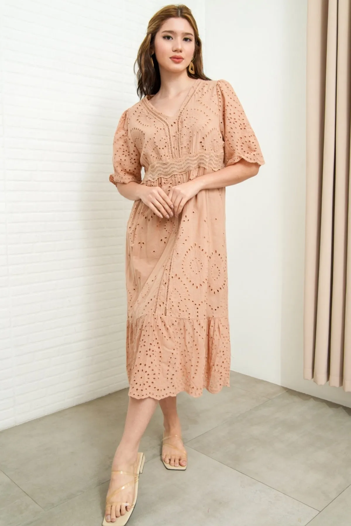 CERYS V-Neck Flutter-Sleeve Eyelet Dress (Nude Brown)