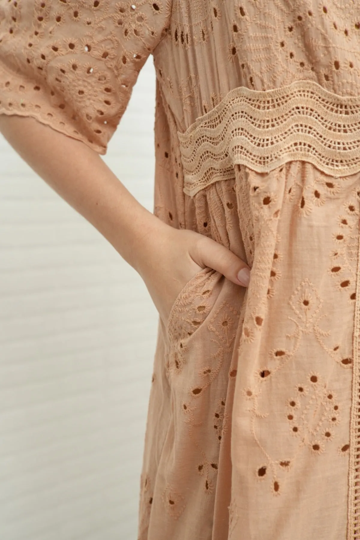 CERYS V-Neck Flutter-Sleeve Eyelet Dress (Nude Brown)
