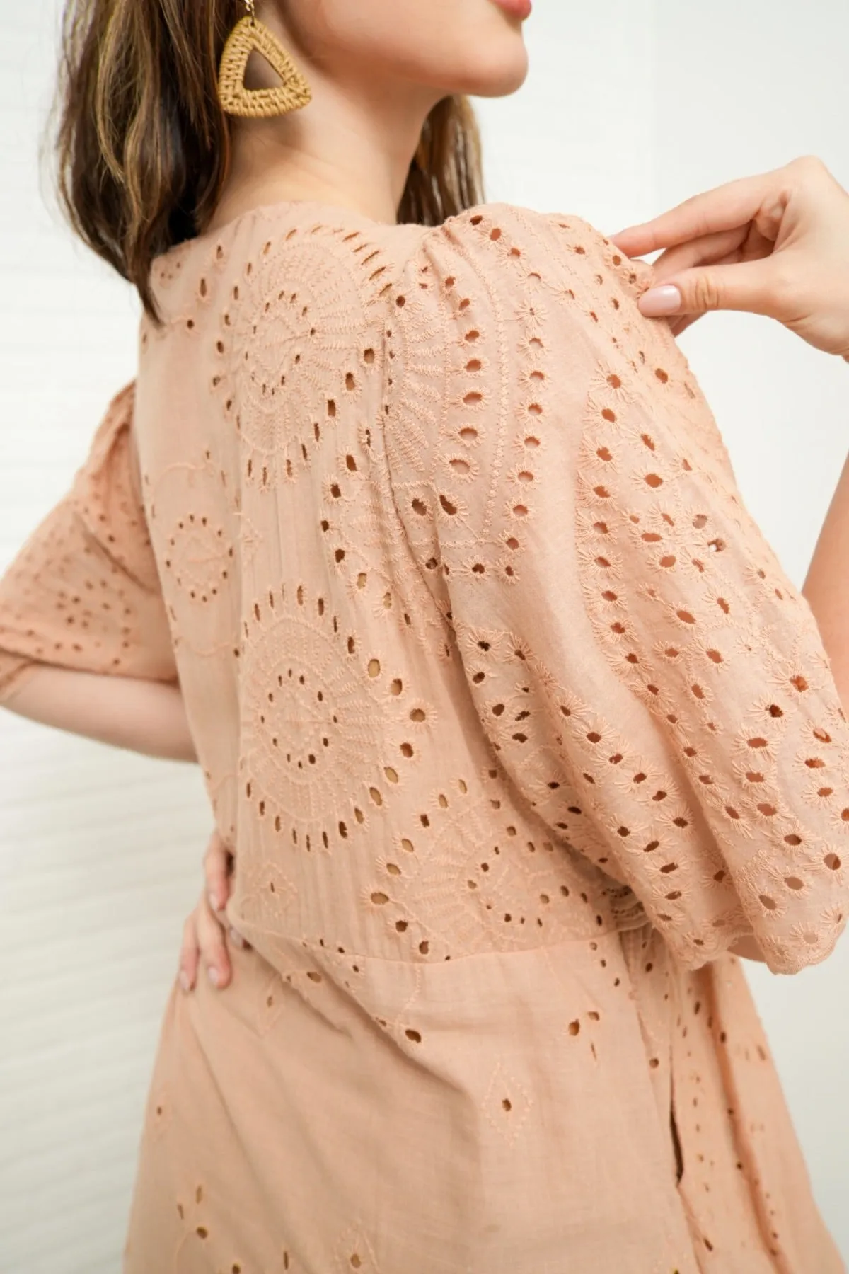 CERYS V-Neck Flutter-Sleeve Eyelet Dress (Nude Brown)