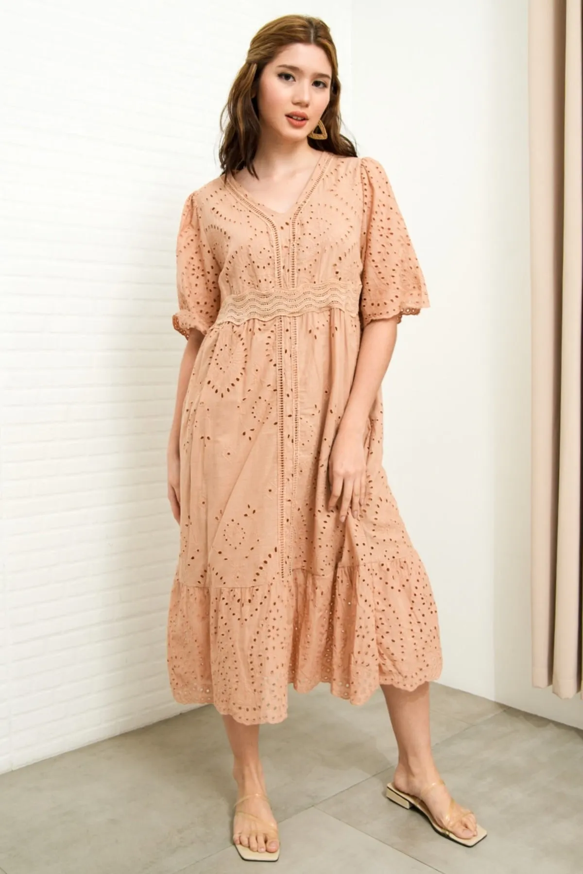CERYS V-Neck Flutter-Sleeve Eyelet Dress (Nude Brown)